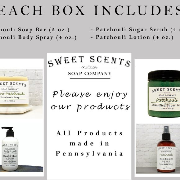 Patchouli Spa Gift Box; Soap Lotion, Spray, Sugar Scrub from Sweet Scents Soap - Picture 5 of 5